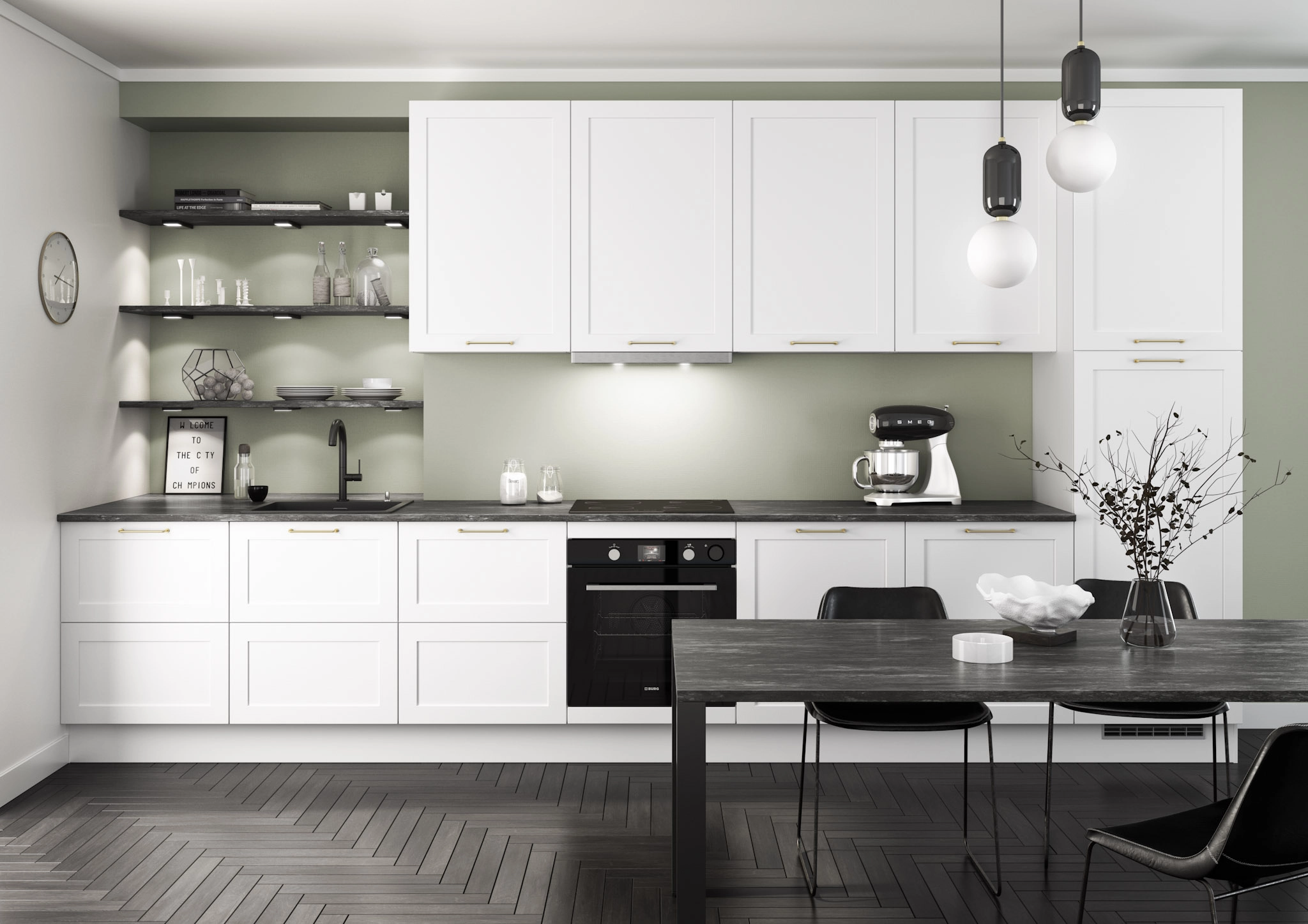 Cuisine contemporaine blanche : Aménagement de cuisine linéaire blanc avec étagères ouvertes, crédence grise et table à manger noire assortie.